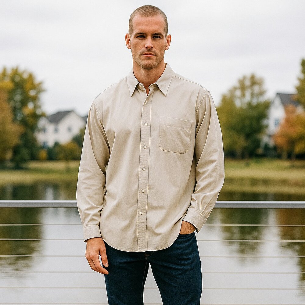 J. Crew Button-Down Woven Shirt Men XL Beige Long Sleeve Chest Pocket Casual Y2K